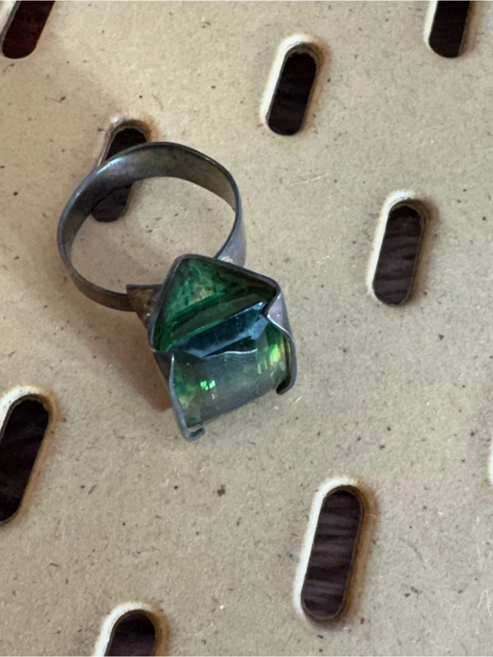 vintage Emerald Green crystal sterling silver ring adjustable statement cocktail